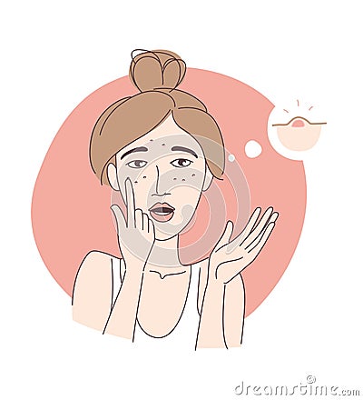 Teenage girl noticed her pimples on her face Vector Illustration