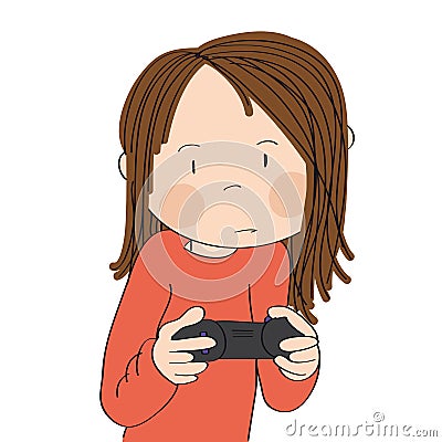 Teenage girl playing video games on game console, holding joystick, being very concentrated. Vector Illustration