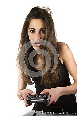 Teenage girl with a joystick Stock Photo
