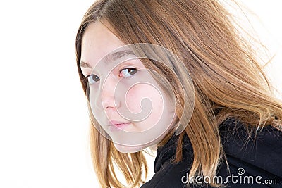 Teenage girl portrait closeup blond in black sweater Stock Photo