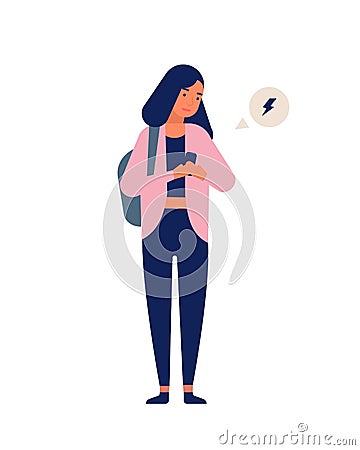 Teenage girl receiving notification on smartphone. Young happy woman texting or surfing internet on mobile phone. Social Vector Illustration