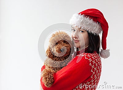 A teenage girl in a Santa Claus hat and a red Christmas sweater holds a miniature poodle in her arms. The concept of Christmas and Stock Photo