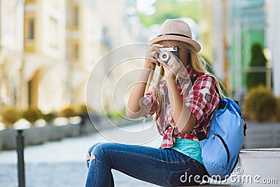 Teenage girl travel in Europe. Tourism and Vacation concept Stock Photo