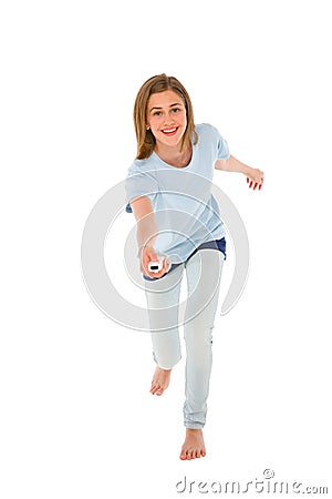 Teenage girl using wii Stock Photo