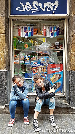 Teenagers on streets of Bilbao, Spain Editorial Stock Photo