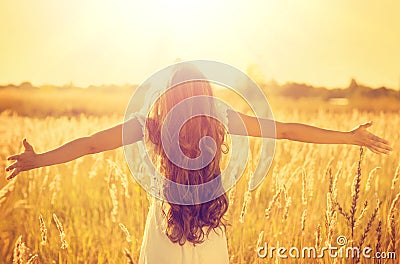 Teenage model girl in white dress enjoying nature Stock Photo