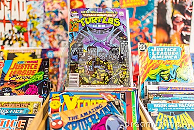 Teenage Mutant Ninja Turtles comic on display at a shop Editorial Stock Photo