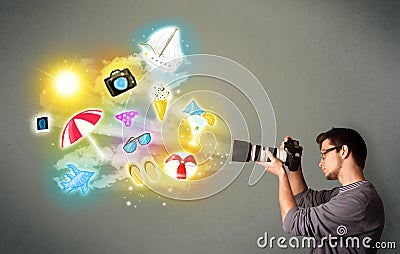 Teenage photographer making photos of holiday painted icons Stock Photo