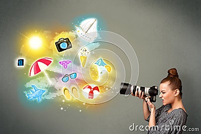 Teenage photographer making photos of holiday painted icons Stock Photo