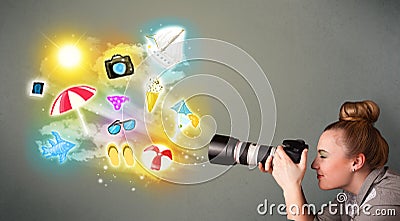 Teenage photographer making photos of holiday painted icons Stock Photo