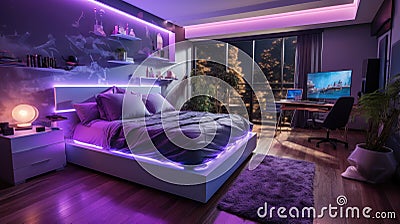 Teenage room at night, futuristic design with pink neon and led light. Modern home interior of city apartment. Concept of bedroom Stock Photo