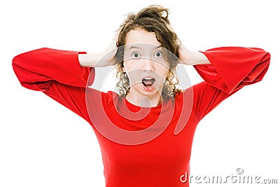 Teenaged girl in red dress suffer stress Stock Photo