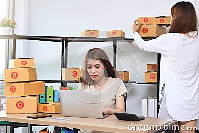 Teenager Asian entrepreneur owner working together at workplace at home. Start up small business. Stock Photo