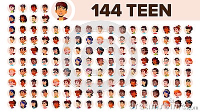 Teenager Avatar Set Vector. Multi Racial. Face Emotions. Multinational User People Portrait. Male, Female. Ethnic. Icon Vector Illustration