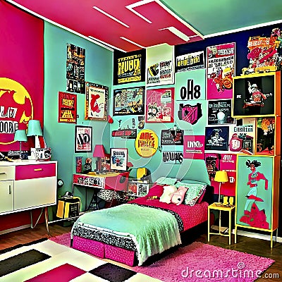 Teenager bedroom 90's green and pink pastel Stock Photo