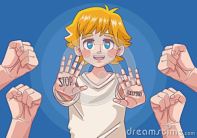 teenager blond boy comic anime character with hands stoping Vector Illustration