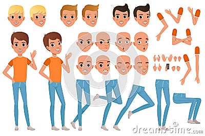 Teenager boy character constructor. Set of various male emotion faces, hairstyles, hands, gestures and legs. Flat design Vector Illustration