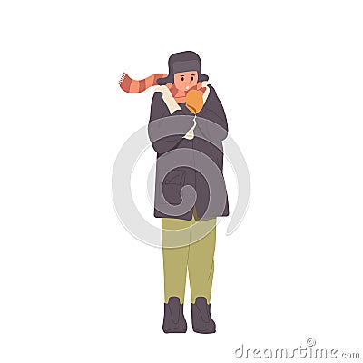 Teenager boy character wrapped in warm clothes feeling freeze trembling shaking body on white Vector Illustration