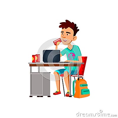 Teenager Boy Drinking Soda At Workplace Vector Stock Photo