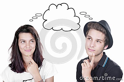 Teenager boy & girll looking at thought bubble Stock Photo