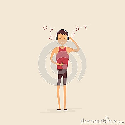 Teenager boy with headphones & mobile phone listening to music.Smiling boy cartoon character with closed eyes in headphones stand Vector Illustration