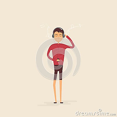 Teenager boy with headphones & mobile phone listening to music.Smiling boy cartoon character with closed eyes in headphones stand Vector Illustration