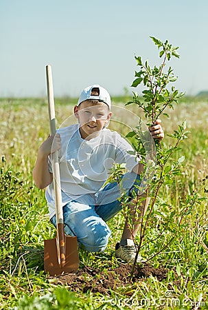 Teenager boy planting tree Stock Photo