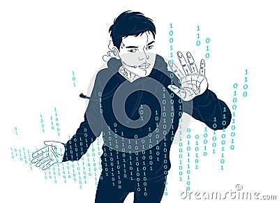Teenager boy programmer editing digital code vector illustration, programming coder young man software development, virtual Vector Illustration