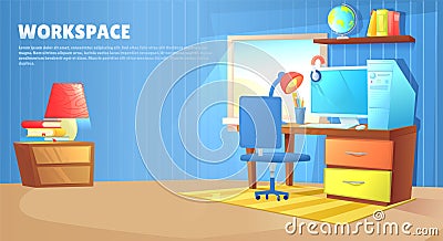 Teenager boy room interior design. With bed, workplace with desk and pc computer, shelves, and toys and skateboard Vector Illustration