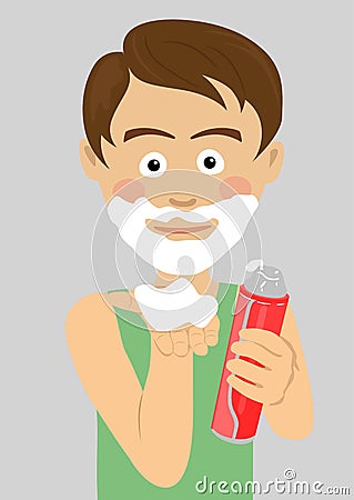 Teenager boy shaving showing foam holding foamy regular shave cream Vector Illustration