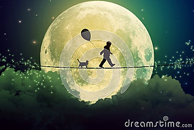 Teenager and cat walking with balloon on tight rope above clouds Stock Photo