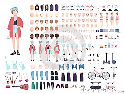 Teenager character constructor. Young trendy girl creation set. Different postures, hairstyle, face, legs, hands Vector Illustration