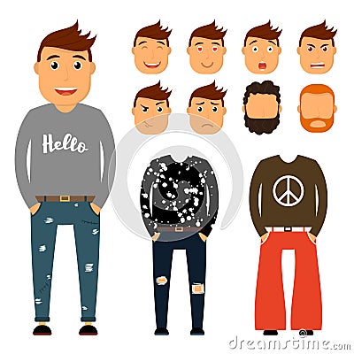 Teenager character creation set. Young man vector illustration. Boy constructor with various gesture, emotion on face Vector Illustration
