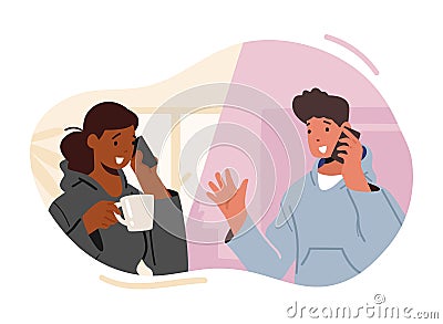 Teenager Chatting And Speaking By Phones. Gadgets Communication Concept. Young Girl And Boy Speaking By Smartphones Vector Illustration