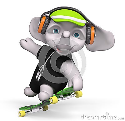 Teenager elephant skateboarding 3d render Stock Photo