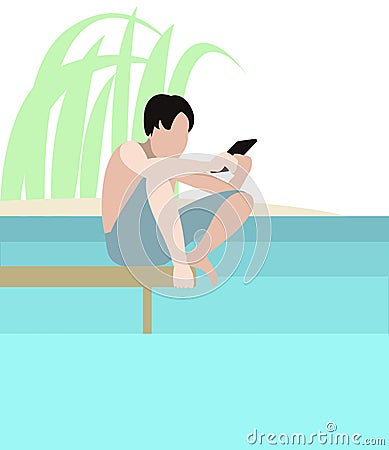 Teenager with gadget sitting on pier on river bank. Digital addiction concept. Cute flat vector illustration Vector Illustration