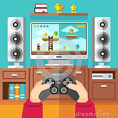Teenager gaming video game with gamepad and playstation vector illustration Vector Illustration