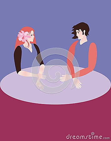 A teenager girl and a teenager boy look at each other impressively, sitting at a large round table. First love. Psychology. Cartoon Illustration