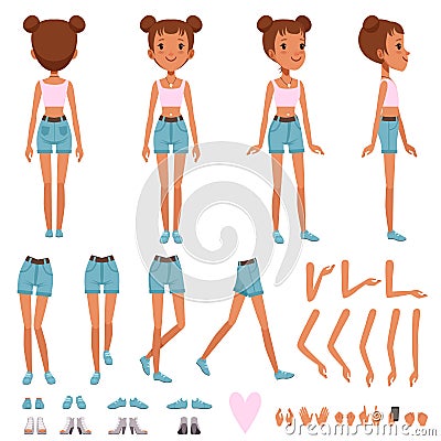 Teenager girl character constructor, creation set. Full length front, back and side view. Body parts and collection of Vector Illustration