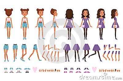 Teenager girl character constructor, creation set. Full length front, back and side view. Body parts and collection of Vector Illustration