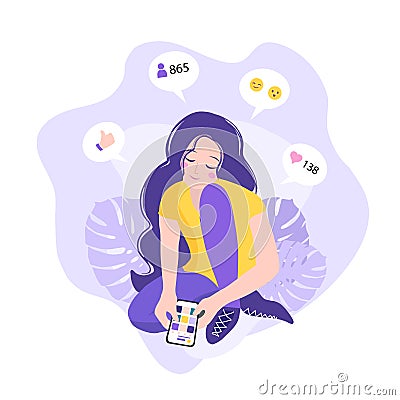 Teenager girl chatting social media network, reading online book, viewing feed news. Smartphone digital addict vector. social Stock Photo