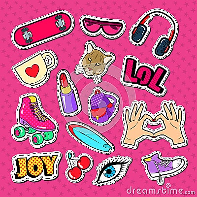 Teenager Girl Fashion Badges, Patches and Stickers. Girlish Style Doodle with Lipstick, Eyeglasses and Skateboard Vector Illustration