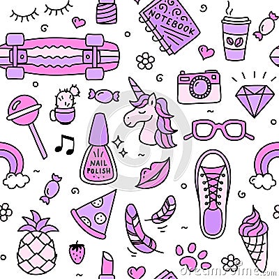 Teenager girl favorite cool things pink seamless pattern doodle Vector Illustration