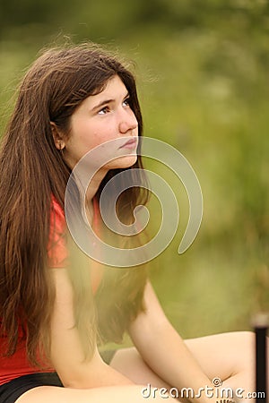 Teenager girl with long thick brown hair outdoor portrait Stock Photo