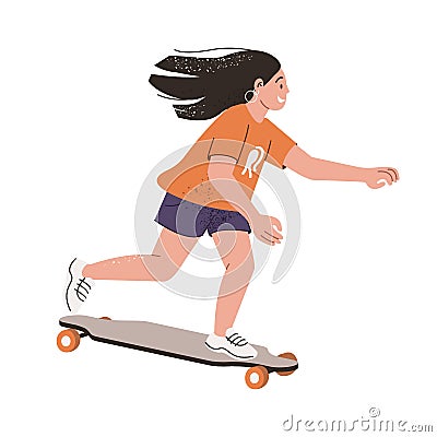 Teenager girl riding skateboard at fast speed. Young happy skater on skate board. Cool active skateboarder. Modern Vector Illustration