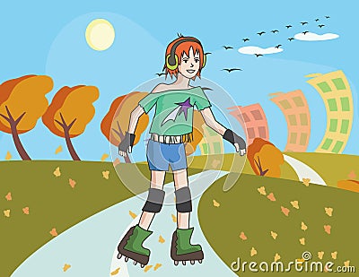 Teenager girl on roller skates at fall street Vector Illustration