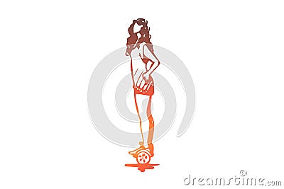 Teenager, girl, segway, modern, electric concept. Hand drawn isolated vector. Vector Illustration