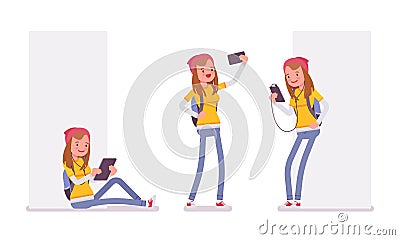 Teenager girl using different gadgets Vector Illustration