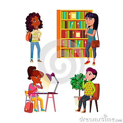 Teenager Girls Thinking And Dreaming Set Vector Vector Illustration