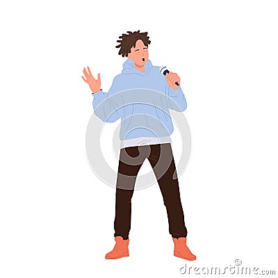 Teenager hipster guy vocal singer cartoon character performing with microphone isolated on white Vector Illustration